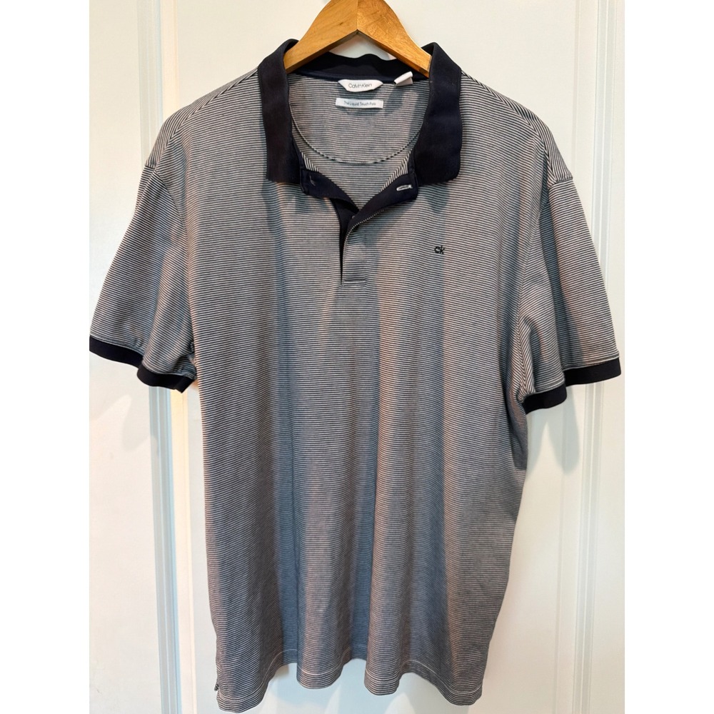 Calvin Klein Mens Liquid Touch Polo Shirt XL Navy White Striped Cotton Short Slv